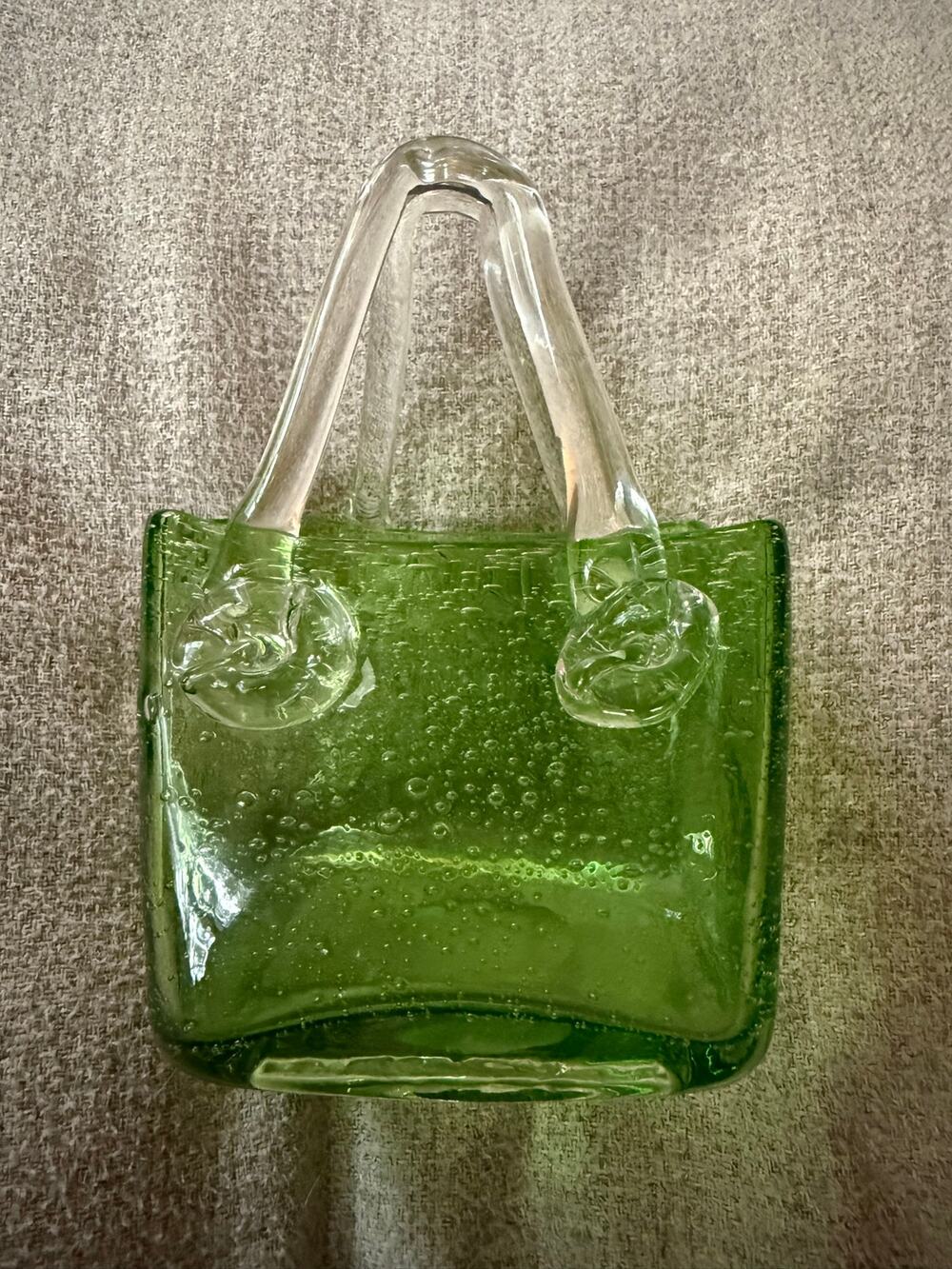 Vintage Murano Bubble Glass Green Small Purse Vase Planter CLEAR BOTTOM 6.5"x4".